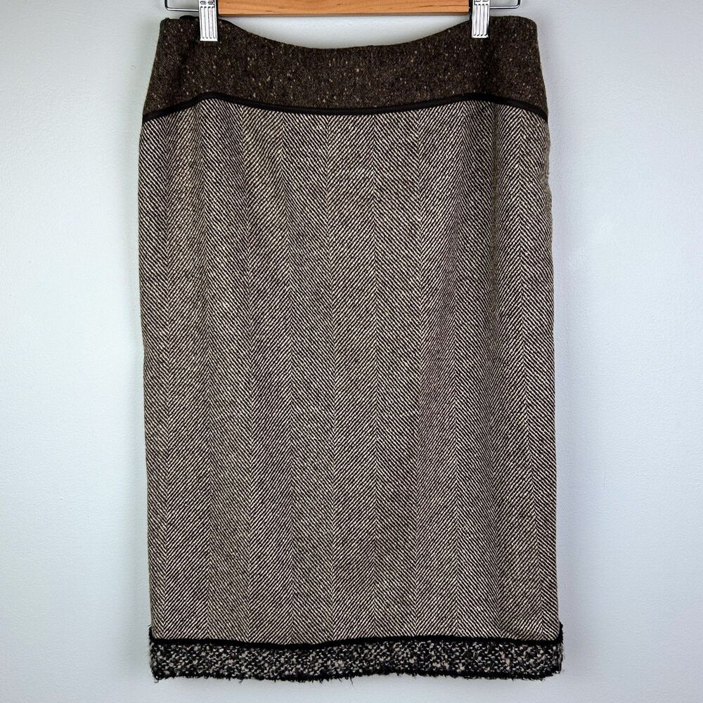 Vera Wang 100% Silk Herringbone Pencil Skirt Brown Boucle Trim Luxury Career 6